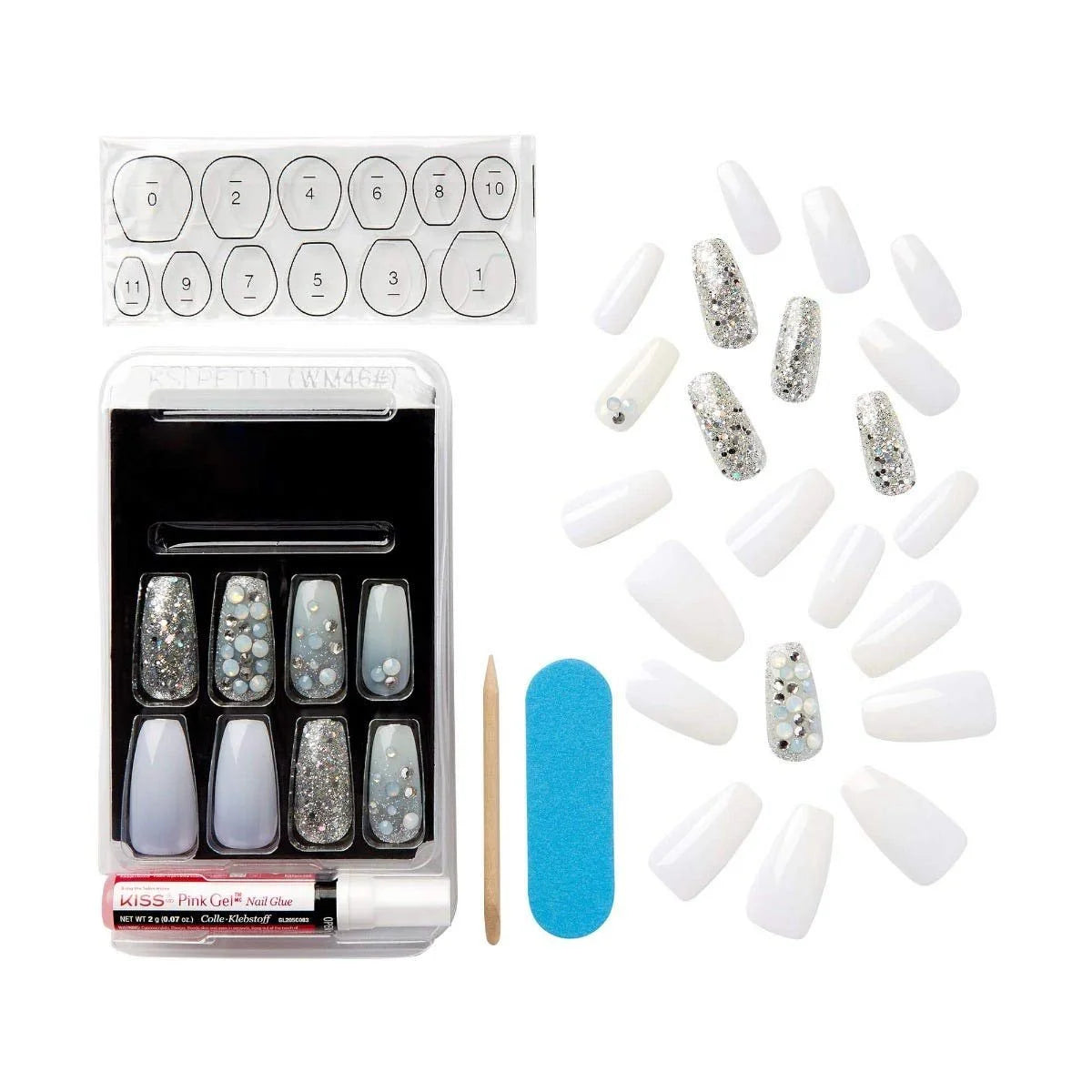 Masterpiece One-Of-A-Kind Luxe Mani, Long Length, Premium Acrylic Fake Nails, Style No.1, with Pink Gel Nail Glue, Manicure Stick, Mini File, & 30 False Nails Including 12 Accent Nails