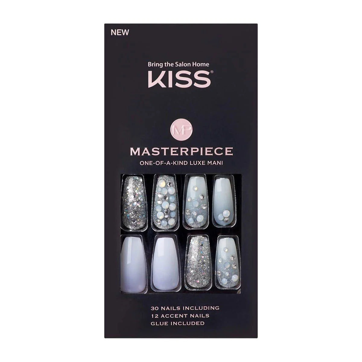 Masterpiece One-Of-A-Kind Luxe Mani, Long Length, Premium Acrylic Fake Nails, Style No.1, with Pink Gel Nail Glue, Manicure Stick, Mini File, & 30 False Nails Including 12 Accent Nails