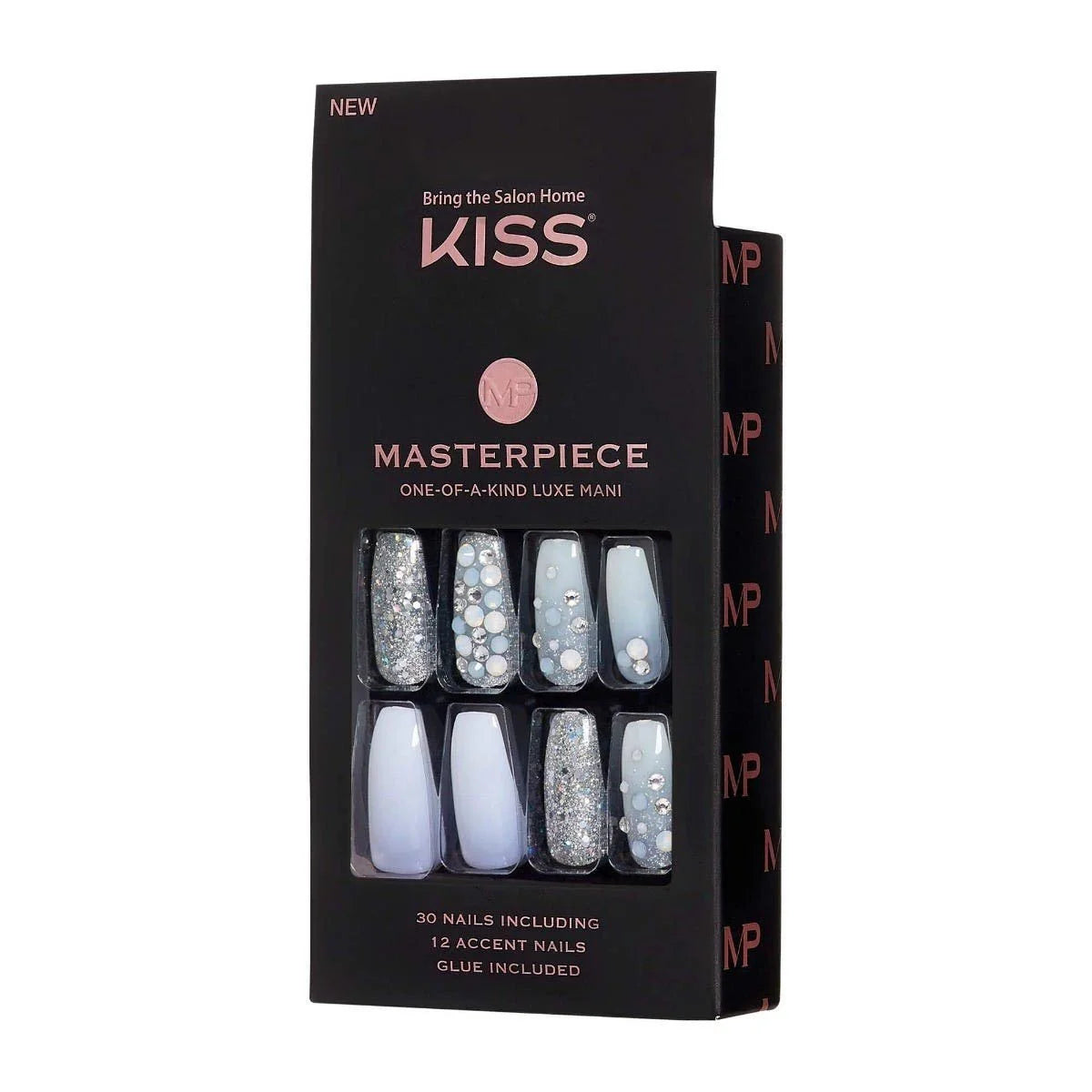 Masterpiece One-Of-A-Kind Luxe Mani, Long Length, Premium Acrylic Fake Nails, Style No.1, with Pink Gel Nail Glue, Manicure Stick, Mini File, & 30 False Nails Including 12 Accent Nails