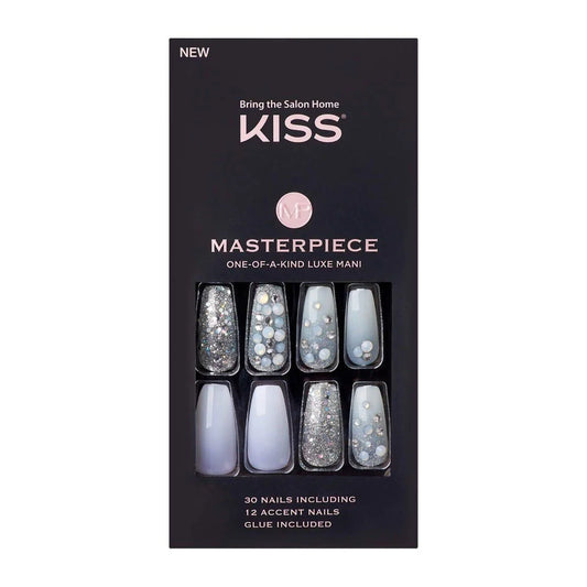Masterpiece One-Of-A-Kind Luxe Mani, Long Length, Premium Acrylic Fake Nails, Style No.1, with Pink Gel Nail Glue, Manicure Stick, Mini File, & 30 False Nails Including 12 Accent Nails