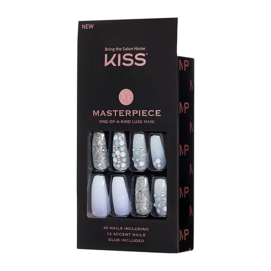 Masterpiece One-Of-A-Kind Luxe Mani, Long Length, Premium Acrylic Fake Nails, Style No.1, with Pink Gel Nail Glue, Manicure Stick, Mini File, & 30 False Nails Including 12 Accent Nails